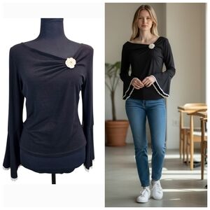 Vintage Y2K Black Knit Top MP Flared Sleeves Rosette Flower Balletcore Soft Girl